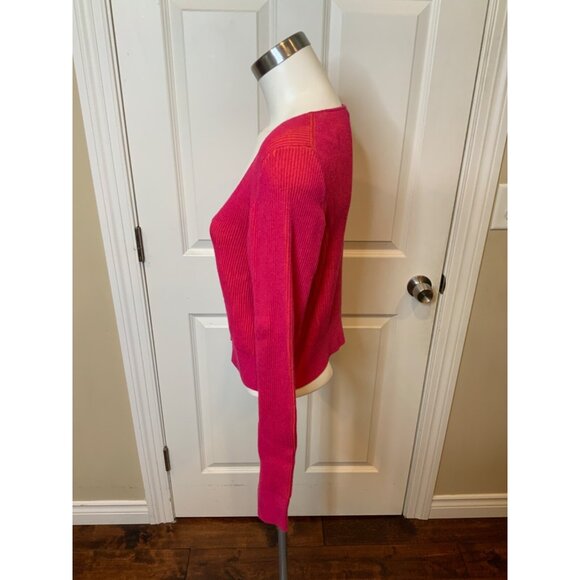J.Crew Hot Pink & Orange Rib Knit Plunge Neckline Button-Up Cardigan, Size L - Picture 3 of 5